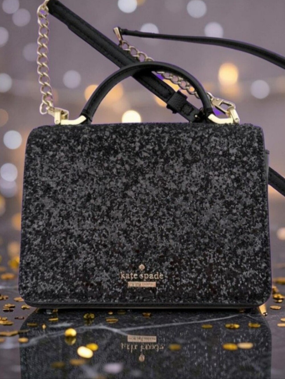 Kate Spade Laurel Way Black Glitter Maisie Top-Handle Crossbody Bag